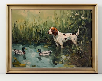 English Springer Spaniel Hunting Dog Wall Art, Vintage Spaniel Painting with Ducks, Sporting Dog Artwork, Gift for Dog Lovers