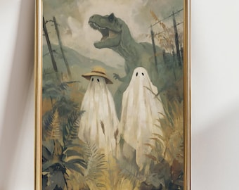 Divertidos fantasmas y dinosaurios para la pared / Lámina original de Halloween / Decoración de pareja de fantasmas T-Rex / Arte espeluznante y adorable para el hogar o la habitación infantil