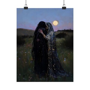 Moonlit Lovers Art Print, Gothic Romantic Wall Decor, Celestial Witchy Couple Painting, LGBTQ+ Fantasy Love Artwork image 6