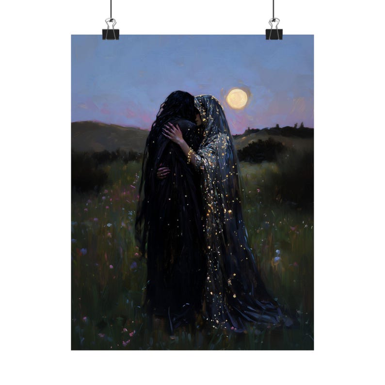 Moonlit Lovers Art Print, Gothic Romantic Wall Decor, Celestial Witchy Couple Painting, LGBTQ+ Fantasy Love Artwork image 6