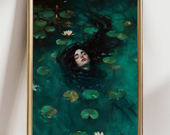 Lady of the Lilies Art Print | Dark Water Nymph Wall Art | Gothic Floral Fantasy Poster | Melancholic Woman in Pond Illustration
