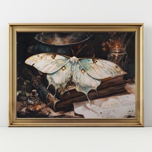 Mystical Luna Moth Art Print, Vintage Butterfly Wall Decor, Witchy Aesthetic Bookish Artwork, Dark Academia