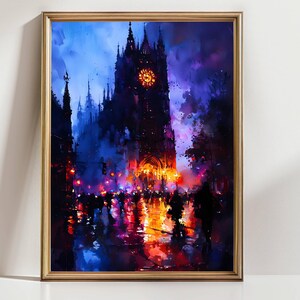 Gothic Cathedral Art Print, Dark Fantasy City Wall Decor, Dramatic Night Painting, Witchy Gothic Architecture Poster