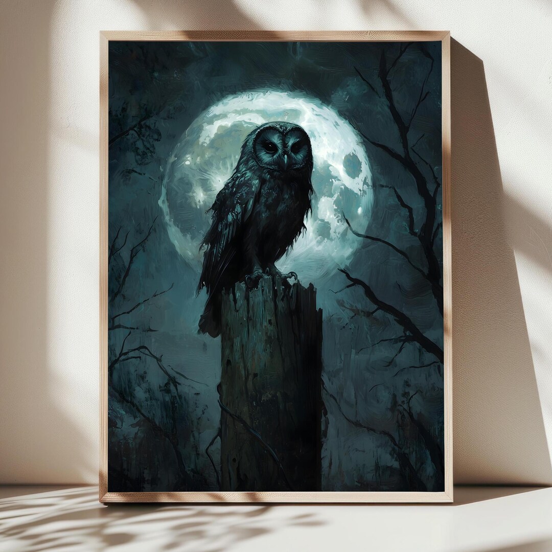 Mysterious Owl Full Moon Wall Art, Dark Night Bird Print, Gothic ...