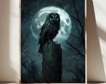 Mysterious Owl Full Moon Wall Art, Dark Night Bird Print, Gothic Fantasy Poster