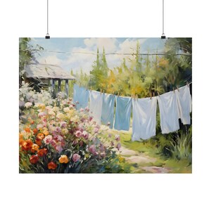 Laundry on a line Matte Horizontal Posters Laundry Room Art Vintage Cottagecore Garden Painting Print farmhouse wall decor country art print image 6