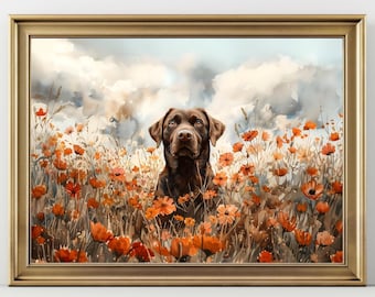 Chocolate Labrador Dog Art Print | Poppies Field Watercolor Wall Decor