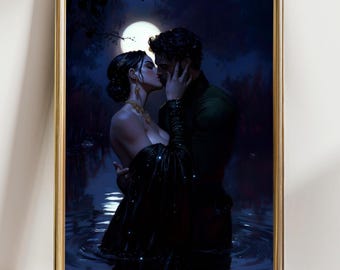 May include: A framed art print depicts a romantic scene of a couple kissing in water under a full moon. The woman wears a black dress and gold jewelry. The man wears a green jacket. The artwork has a dark, moody color palette.