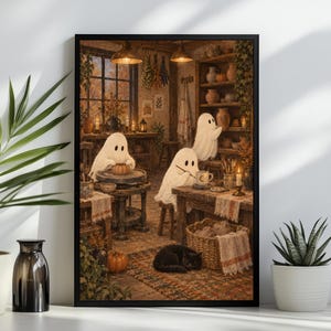 May include: A framed wall art print depicting a cozy pottery studio scene with three white ghosts. One ghost works at a pottery wheel, another paints a mug, and a third reaches for a shelf. A black cat rests on a rug near a woven basket.