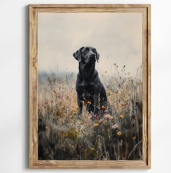 Black Labrador Art Moody Wildflower hunting dog Print Vintage Wildflower Painting Black Labrador Dog Wall Art Print Floral Cottagecore