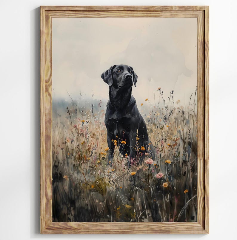 May include: A black Labrador Retriever sits in a field of wildflowers. The dog is looking up and to the right, with a soft, dreamy expression on its face. The background is a soft, hazy blue, suggesting a misty morning or evening.