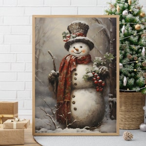 Vintage Christmas Wall Print Snowman X-mas Christmas Painting Cottagecore Decor Wall Art Christmas Decor Winter Art Seasonal Decor