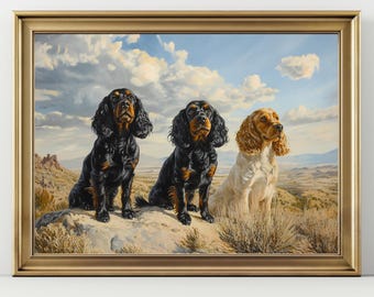 Three Cocker Spaniels Desert Landscape Print, Vintage Dog Portrait Wall Art