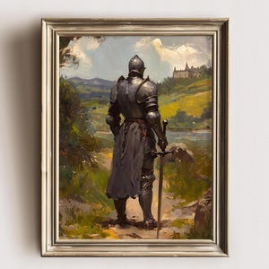 May include: A painting of a knight in full armor standing in a field, looking towards a castle in the distance. The knight is holding a sword in his right hand. The painting is done in a realistic style with a focus on detail.