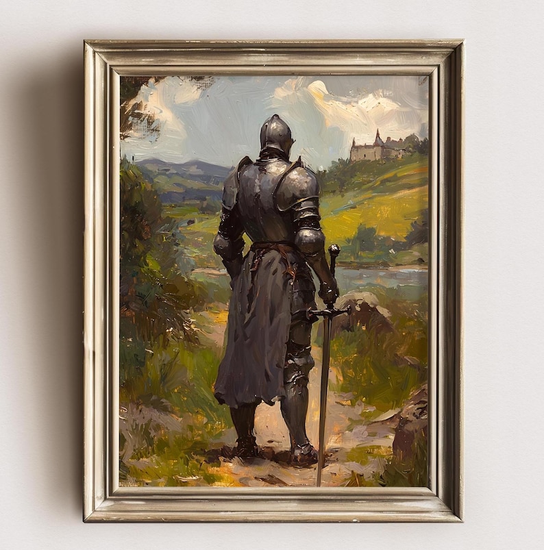 May include: A painting of a knight in full armor standing in a field, looking towards a castle in the distance. The knight is holding a sword in his right hand. The painting is done in a realistic style with a focus on detail.