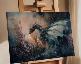 Mystical Dragon Fantasy Canvas Print – Ethereal Dark Forest Dragon Wall Art, Celestial Creature Painting, Gothic Fantasy Home Decor
