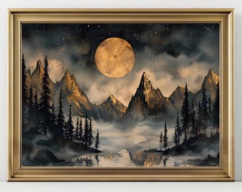 May include: A framed watercolor painting depicts a mountain landscape under a starry night sky. A large, golden moon illuminates the scene, with silhouetted trees and mountains reflected in the water below. The frame is gold.
