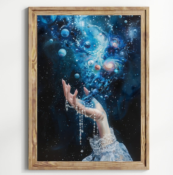 Moody Victorian galaxy Hand Full of Stars Print, Celestial art, Ethereal Art, light academia art, whimsical art print, nightsky, space