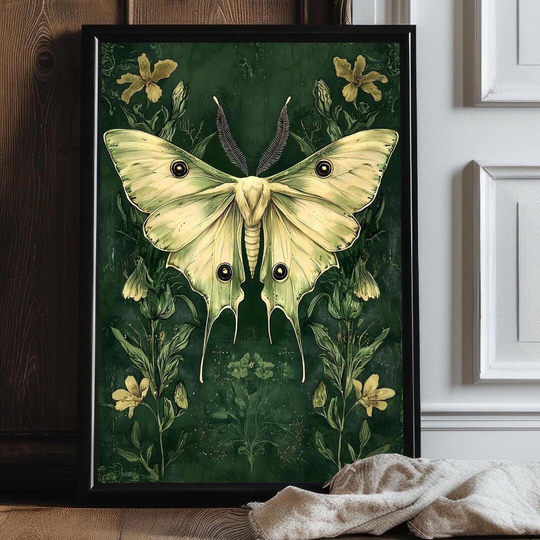 Witchy Luna Moth Wall Art - Dark Academia Botanical Print - Etsy