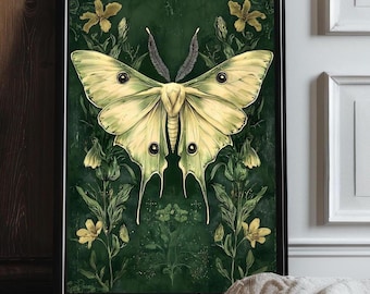 Witchy Luna Moth Wall Art - Dark Academia Botanical Print