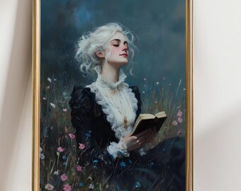 Victorian Woman Reading Art Print, Dark Academia Wall Art, Elegant Book Lover Gift, Gothic Floral Painting, Romantic Home Decor