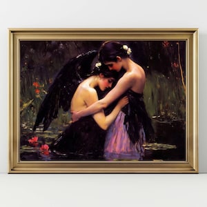 Dark Angel Embrace Art Print – Romantic Mythical Women Wall Art, Gothic Fantasy Painting, Emotional Hug Decor for Dark Academia Lovers