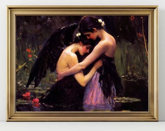 Dark Angel Embrace Wall Art, Romantic Gothic Love Print, Fantasy Couple Poster