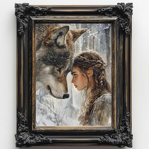 She and Her Wolf, Dark Academia, Wolves Art, Goth Moody Victorian Wall Art, Dark Decor Aesthetic, Dark Cottagecore, Gothic Wolf Prints