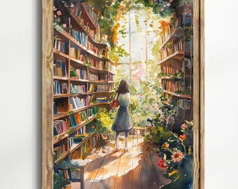 Póster de biblioteca vintage, lectura en la biblioteca, regalo para amantes de los libros, arte mural literario, arte lindo para amantes de los libros, arte mural de biblioteca, idea de regalo