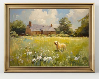 May include: A framed oil painting depicts a sunny landscape with a yellow Labrador Retriever in a field of wildflowers. A stone house with a red roof and chimneys is in the background. The painting has a gold frame.