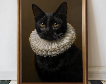 Renaissance Black Cat Wall Art, Regal Portrait Print, Vintage Gothic Cat Poster