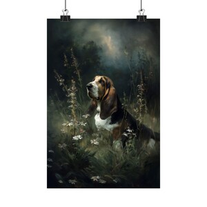 Basset Hound Wall Art, Dark Floral Dog Print, Moody Pet Portrait Poster bild 5