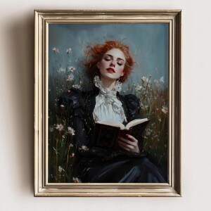 May include: A painting of a woman with red hair lying in a field of white flowers. She is wearing a black dress with a white lace collar and is holding a book open in her hands.