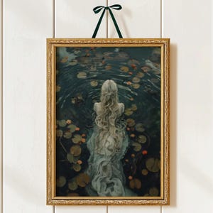 Ophelia Dark Academia Print - The Lake, Goth Moody Victorian Wall Art, Dark Decor Aesthetic, Dark Cottagecore, Gothic Prints into lake