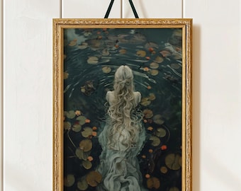 Ophelia Dark Academia Print - The Lake, Goth Moody Victorian Wall Art, Dark Decor Aesthetic, Dark Cottagecore, Gothic Prints into lake