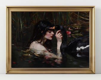 Dark Swan Woman Wall Art, Gothic Romantic Painting, Moody Water Portrait Print, Black Swan Aesthetic Decor, Dramatic Feminine Artwork