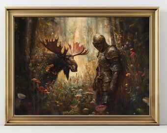 Fantasy Knight Wall Art Print, Enchanted Moose in Mystical Forest, Medieval Warrior Artwork, Magical Woodland Decor