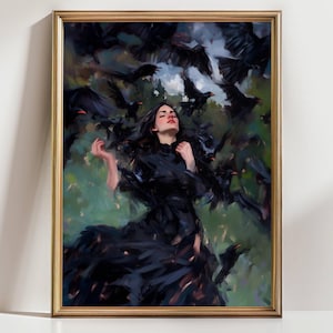 Gothic Crow Art Print, Dark Feminine Wall Art, Witchy Decor, Surreal Fantasy Painting, Raven Woman Artwork, Occult Gothic Home Decor