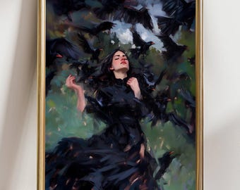Gothic Crow Art Print, Dark Feminine Wall Art, Witchy Decor, Surreal Fantasy Painting, Raven Woman Artwork, Occult Gothic Home Decor