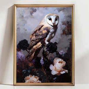 Barn Owl Gothic Art Print, Mystical Bird with Roses Wall Decor, Dark Floral Fantasy Nature Poster, Elegant Nocturnal Animal