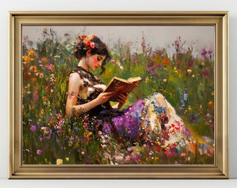 Romantic Cottagecore Wall Art - Woman Reading in Wildflower Field