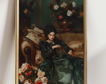 May include: A framed vintage oil painting depicts a woman in a dark green dress seated on a sofa. The artwork features a gold frame, a bouquet of flowers, and a dark green background. The woman is holding a small, round object.