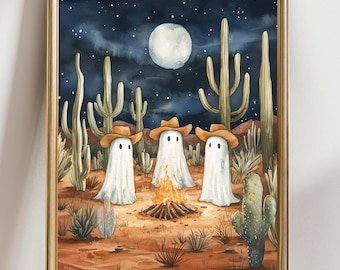 Western Ghost Cactus Halloween Art, Cowboy Halloween, Giclée Fine Art Print, Spooky Decor, Western Halloween Art Prints, Wester Halloween
