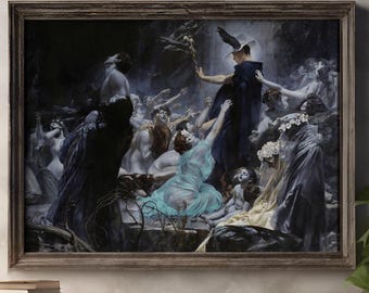 May include: A painting depicting a dark, shadowy scene with a figure in a blue robe holding a staff, surrounded by figures reaching up towards them. The scene is filled with a sense of mystery and intrigue.