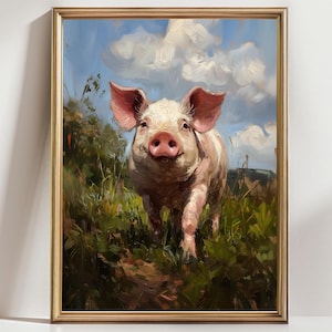 Charming Farm Animal Poster, Whimsical Pig Art Print, Country Decor for Home, Farmhouse Wall Art, Gift for Animal Lovers painting
