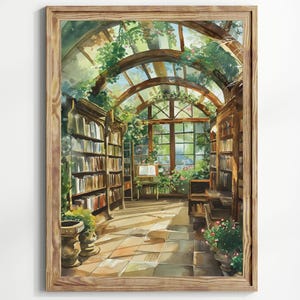 May include: A watercolor painting of a sunlit greenhouse library with a vaulted ceiling, wooden beams, and bookshelves filled with books. The greenhouse has a large window with a view of lush greenery outside.