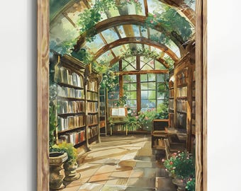 Cozy Garden Library Wall Art – Sunlit Conservatory Book Nook Art Print, Bookish Cottagecore Reading Room Decor Forestcore Cottagecore