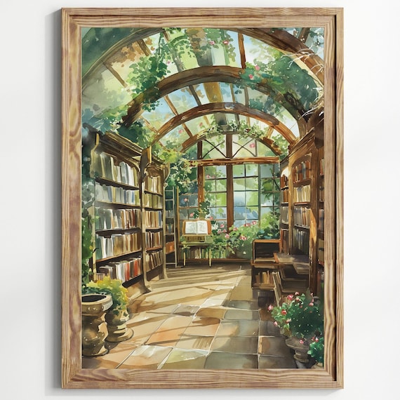 Cozy Garden Library Wall Art – Sunlit Conservatory Book Nook Art