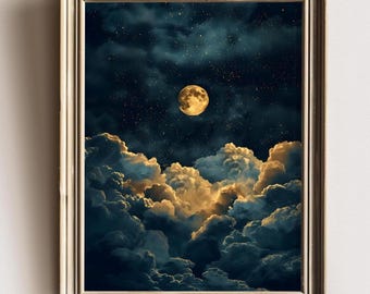 Gothic Moon Poster, Night Sky Clouds, Moody Wall Art