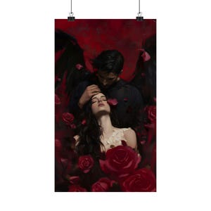 Dark Romance Wall Art, Angel Demon Love Painting, Gothic Couple Print, Red Rose Fantasy Art, Moody Romantic Decor image 7